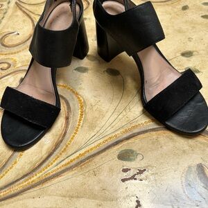 Stuart Weitzman Black Leather & Suede Block Heel Sandals